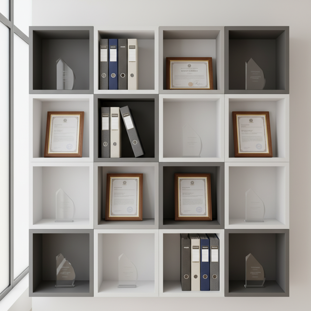 A structured, modern shelving unit with compartments neatly displaying framed certificates, stylish project binders, and small clear acrylic awards. Each item is arranged intentionally, with ample negative space on shelves finished in neutral gray and white tones. The environment is a pristine office corner, with backgrounds of smooth, soft-white walls and indirect daylight entering through frosted glass panels, bathing the scene in even, gentle light. The image conveys a sense of accomplishment and organized professionalism, shot straight-on for symmetry and balance, in a photographic, corporate style that underscores the essence of achievement within an eportfolio.