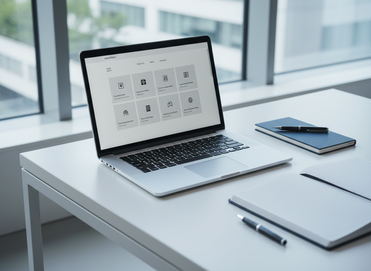 A sleek silver laptop with a brushed metal finish, displaying an open eportfolio home page filled with cleanly arranged project thumbnails and a minimalist navigation bar. The laptop rests on a tidy white desk with crisp, geometric edges and a perfectly aligned grid-pattern notebook to one side. Cool natural daylight flows from a nearby modern window, producing subtle highlights on the laptop and soft shadows beneath. The atmosphere is organized and calm, exuding professionalism and focus. Photographed from a slightly elevated, eye-level angle with sharp focus and balanced composition, the image embodies a clean, corporate aesthetic suited for showcasing digital excellence.