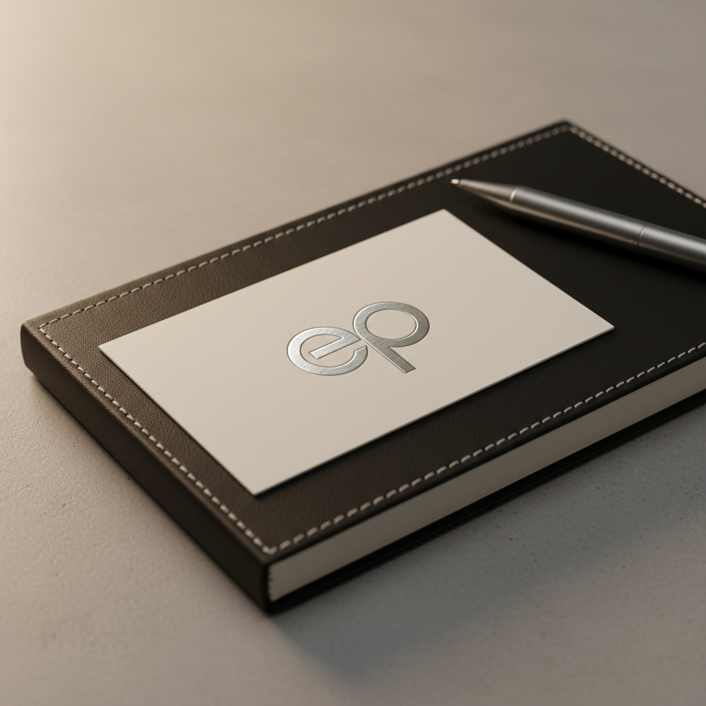 A close-up of an embossed business card featuring a minimalist eportfolio logo in silver foil, set against a matte, neutral background. The card is carefully positioned atop a dark leather-bound journal with clean stitching, next to a brushed steel pen. Soft, directional light from an unseen desk lamp highlights the embossed details and texture variations, while subtle shadows add dimensionality. Captured with a shallow depth of field and sharp foreground focus, the image creates an atmosphere of meticulous professionalism and attention to detail, embracing a clean and contemporary portfolio aesthetic.